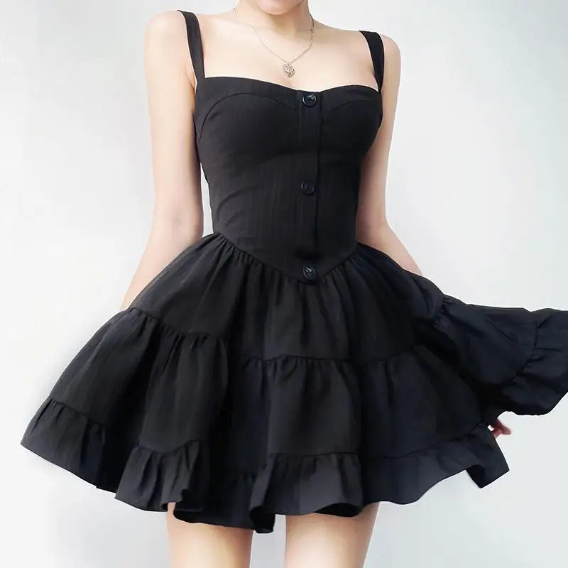 Coalfell Slip Black Puffy Dress Women Short Hotsweet Simple Square Neck Skinny Slimming Little Black Dresses