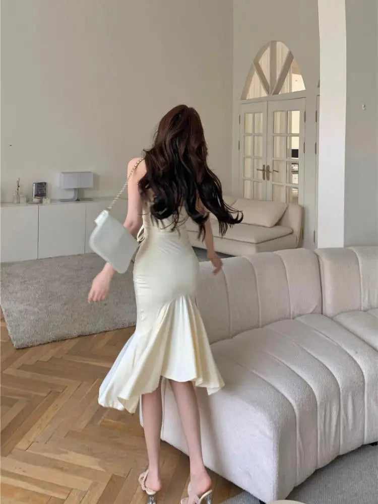 Summer Aesthetic Midi Dress Women Strapless Fishbone Bandage Irregular Dress Party Club Sexy Elegant Dresses Backless Solid