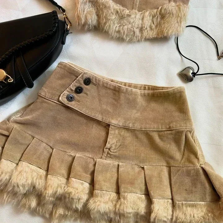 Y2K Suspender Leather Short Skirt Two Piece Set Feminine Lace Personalized Design Punk Motorcycle Style Mini Leather Skirt Suit