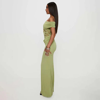 Off Shoulder Floral Lace Panel Ruched Bodycon Maxi Dress