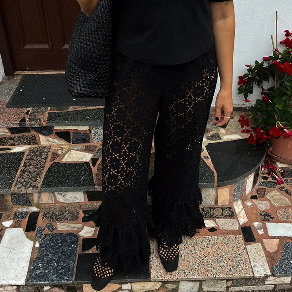 autumn and winter fashion sexy lace see-through trousers new style spliced ruffled versatile straight pants