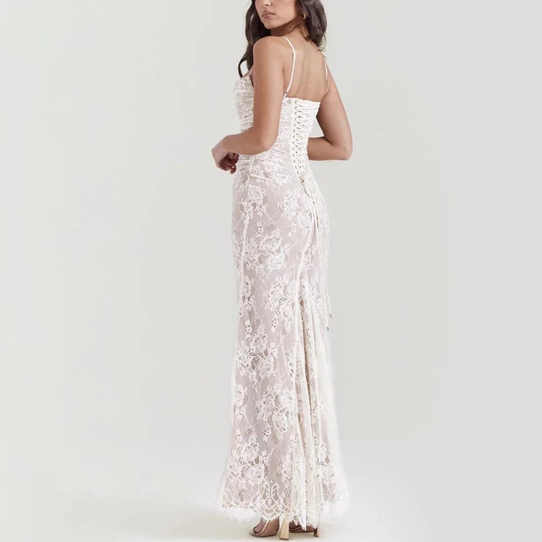 Sweetheart Floral Lace Tiered Ruffle Maxi Dress
