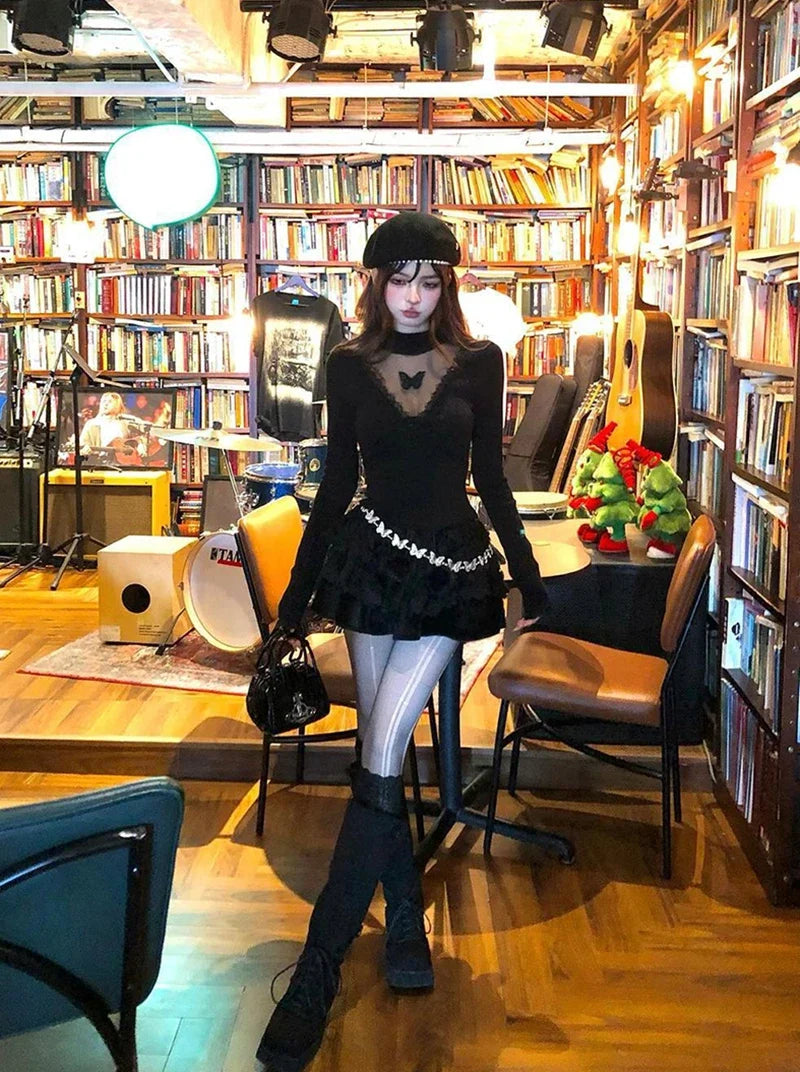 Y2K Cropped Black Sweater Women Harajuku Embroidery White Knitted Pullovers Gyaru Grunge Mesh Lace Knitwears Winter Chic Jumpers