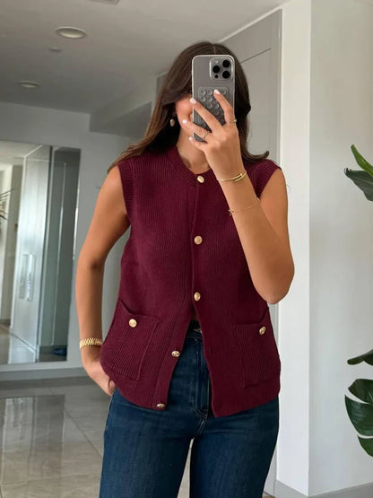Pocket Solid Cardigan Vest Women O Neck Single Breasted Sleeveless Knit Waistcoat 2025 New Simple Casual Fashion Sweater Jacket