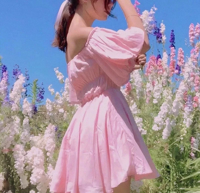 Elegant Sexy Square Collar Mini Dress Women Vintage Puff Short Sleeve Elastic Waist Summer Dresses Female Boho Vestidos
