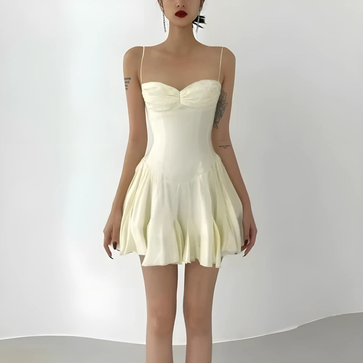 Spaghetti Strap Ruched Sweetheart Drop Waist Tiered Ruffle Mini Dress
