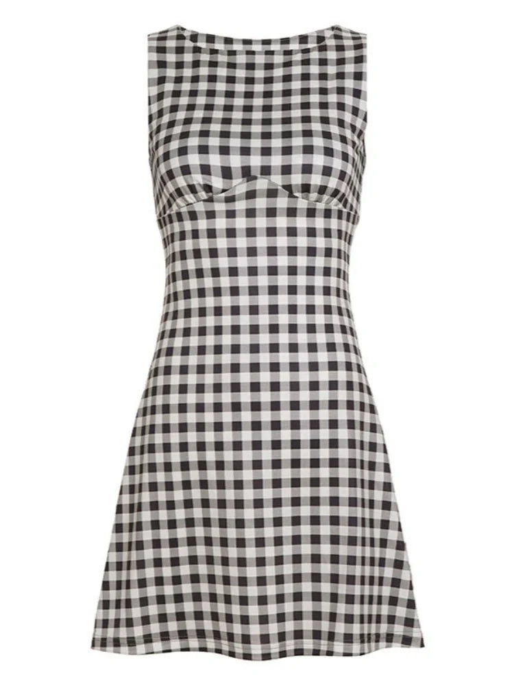 Elegant Women A Line Short Dress Fashion O Neck Plaid Print Sleeveless Tie Waist French Retro Casual Summer Mini Dress