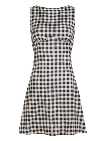 Elegant Women A Line Short Dress Fashion O Neck Plaid Print Sleeveless Tie Waist French Retro Casual Summer Mini Dress