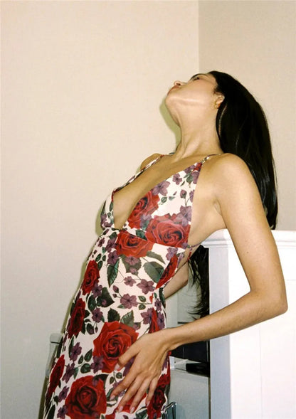 Floral Print Deep V Spaghetti Strap Bodycon Maxi Dress
