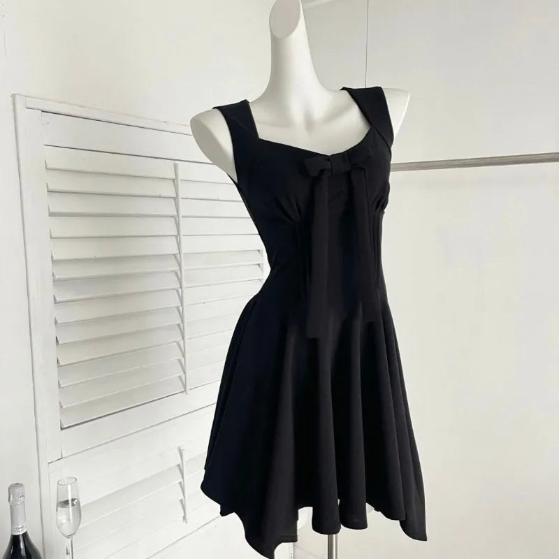 Women's Red Sleeveless V-Neck Bodycon Dress Bow Decor Ruffled Flared Mini Dress Elegant Party Date Casual Slim Fit Dress