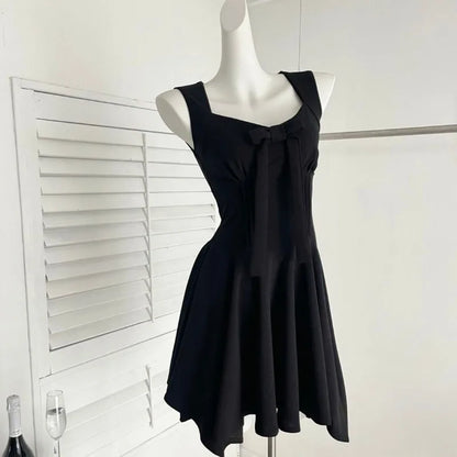 Women's Red Sleeveless V-Neck Bodycon Dress Bow Decor Ruffled Flared Mini Dress Elegant Party Date Casual Slim Fit Dress