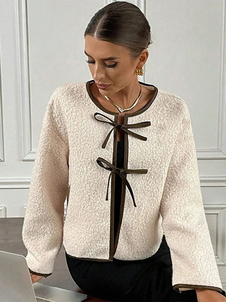 Elegant Women's Lamb Wool Cropped Cardigans Round Neck Lace-Up Long Sleeve Pocket Short Jackets 2024 Autumn New In Outerwears