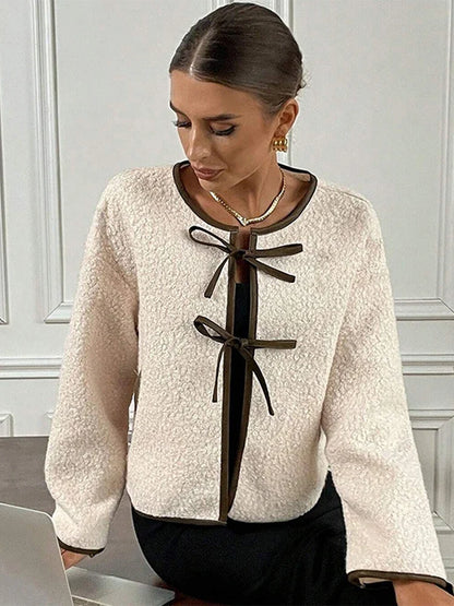 Elegant Women's Lamb Wool Cropped Cardigans Round Neck Lace-Up Long Sleeve Pocket Short Jackets 2024 Autumn New In Outerwears