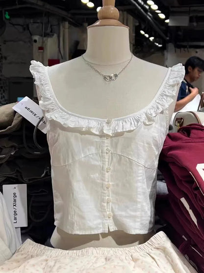 Sweet Women White Tank Top 2024 Fashion Summer Ladies Flanged Lace Button-down Sleeveless Female Camisole Top