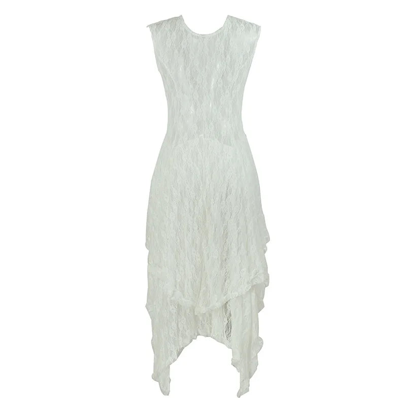 Y2k Grunge See-Through Lace Floral Sheer Tank Dress Women's Sleeveless V Neck Cover-up Long Dress Streetwear Party Dress