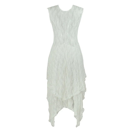 Y2k Grunge See-Through Lace Floral Sheer Tank Dress Women's Sleeveless V Neck Cover-up Long Dress Streetwear Party Dress