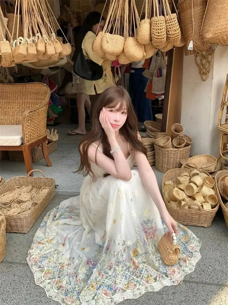 Floral Print Halter Dress Women's High Waist Gradient Sleeveless Long Dress Spring Commute Style Embroidered A-Line Skirt