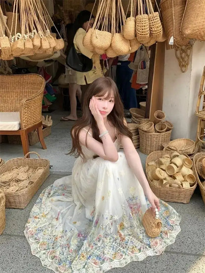 Floral Print Halter Dress Women's High Waist Gradient Sleeveless Long Dress Spring Commute Style Embroidered A-Line Skirt