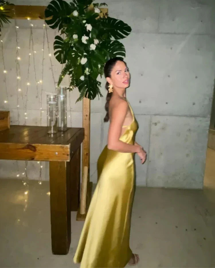 Asymmetric Strap Backless Slit Satin Maxi Dress