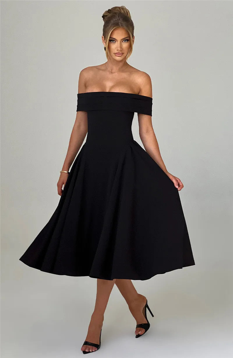 Off-Shoulder Folded Band Box Pleat Flare Midi Dress