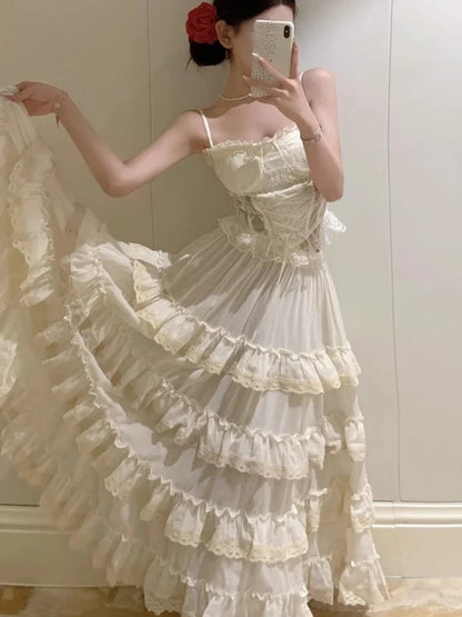 Midi Long Skirt Womens Lace Skirt 2024 Goth Lolita Spring Summer High Waisted High Low Layer Ruched Ruffle Pleated Skirts rok
