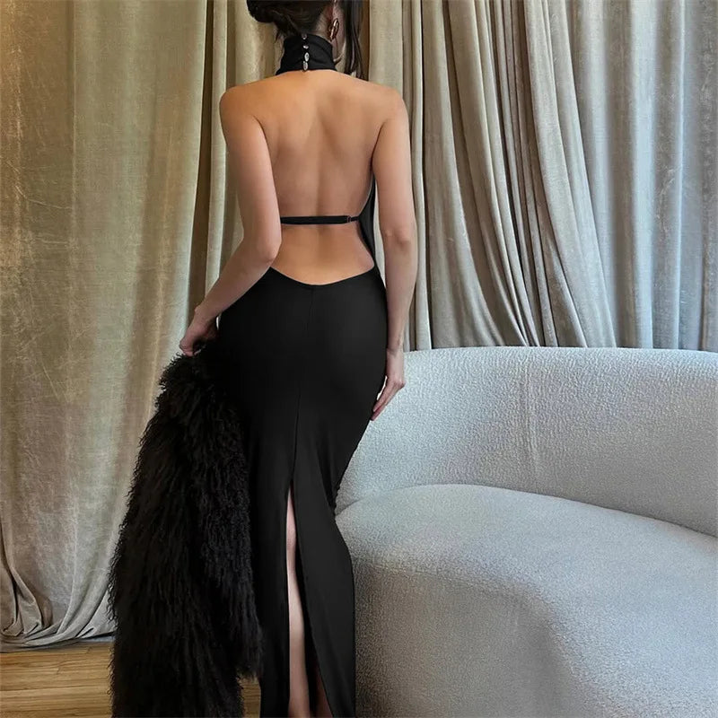 women's sexy hollow out swinging neck backless princess style slim fit bag hip slit hanging neck dress