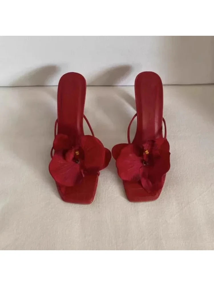 Pink Red Green Orchid Flowers Decor Outside Women Hight Heels Slippers Summer 2024 Thin Heels Ladies Flipflops
