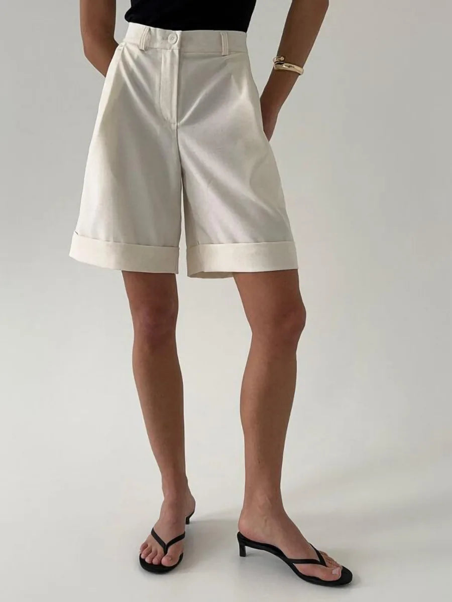 High Waisted Bermuda Shorts Women Elegant Pleated Wide Leg Shorts Linen Cuffed Office Lady Summer Shorts Casual Cotton New