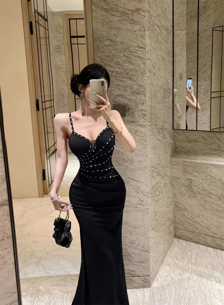 Dresses Women Sleeveless Sexy Split Slim Slash Neck Backless Rhinestone Elegant Temperament Party Dress Female Fashion