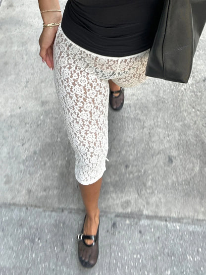 White Transparent Lace Pants with Slit Women Chic See Through Low Rise Skinny Capris Vintage y2k Beach Holiday Trousers