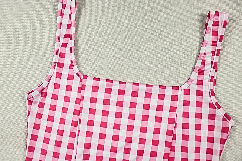 Cute Pink Checkered Mini Dress Square Neck Sleeveless Slim Waist Ruched Bubble Hem A-Line Summer Short Dress for Women