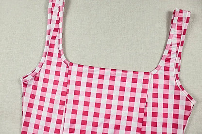 Cute Pink Checkered Mini Dress Square Neck Sleeveless Slim Waist Ruched Bubble Hem A-Line Summer Short Dress for Women