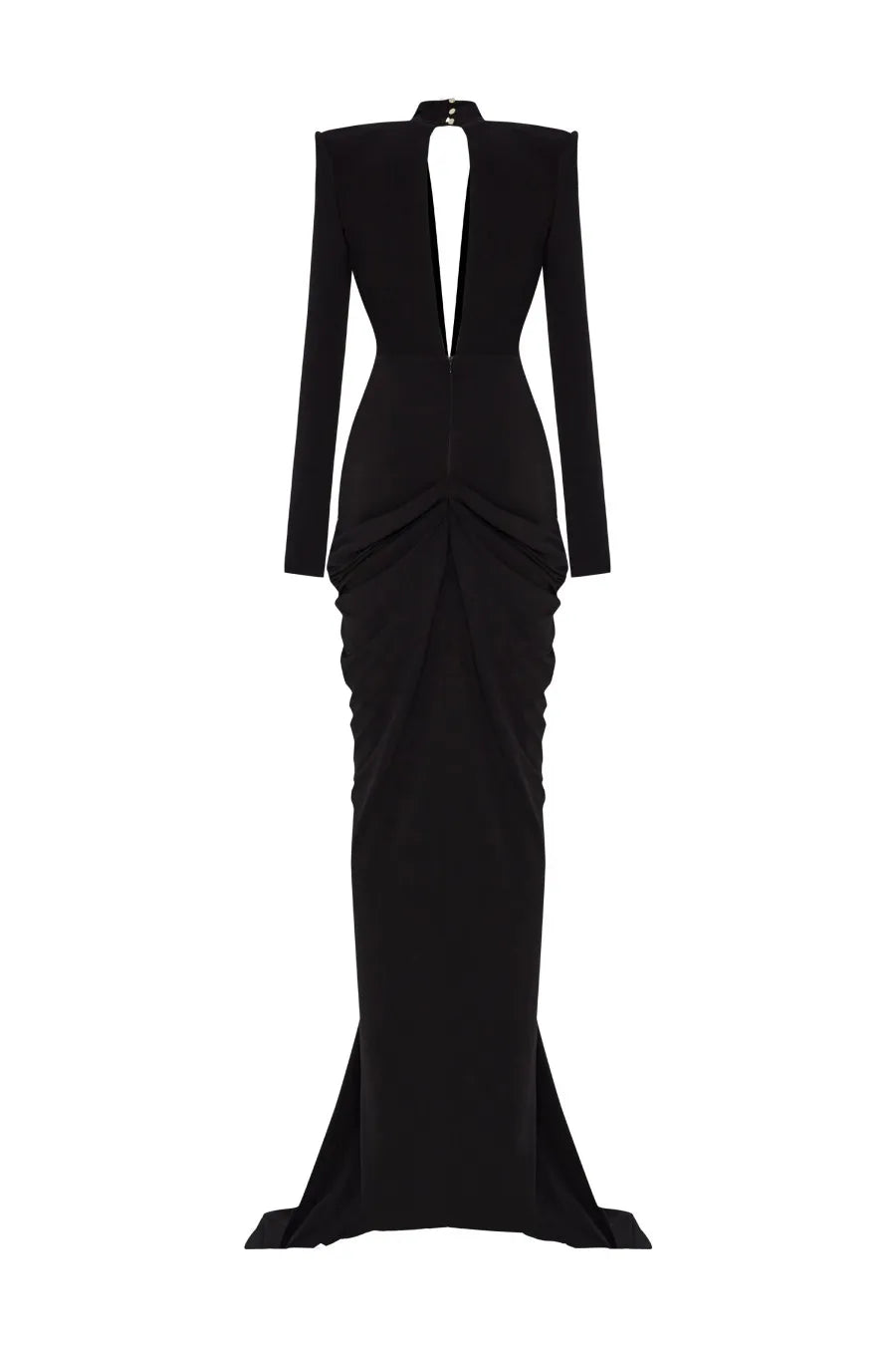 Deep V-Neck Padded Shoulder Butterfly Applique Draped Maxi Gown