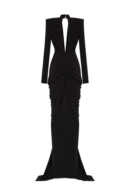 Deep V-Neck Padded Shoulder Butterfly Applique Draped Maxi Gown