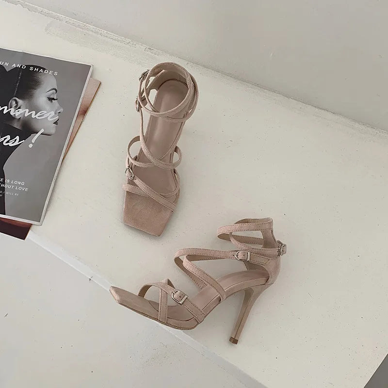 ZA Summer Sexy Sandals Square Toe Suede Concise Narrow Band Women Dress Shoes Belt Buckle Solid Color High Heel Calzado