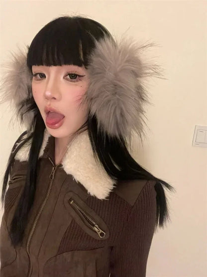 Japanese Y2k Fur Coat Women American Retro Brown Knitted Jacket Vintage Korean Style Zipper Winter 2000s Aesthetics