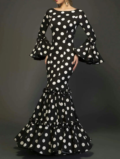 Elegant Polka Dot Ladies Evening Dress with Trumpet Sleeves Sexy Fishtail Design Cascading Ruffle Hem Fashionable Women's Gown