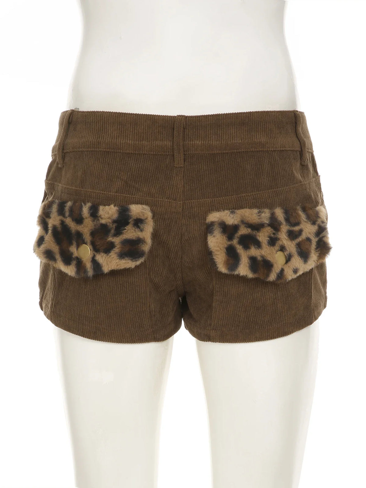 Casual Patchwork Fur Leopard Corduroy Shorts Basic Low-Waisted Shorts Women Autumn Winter Fashion Streetwear Lady