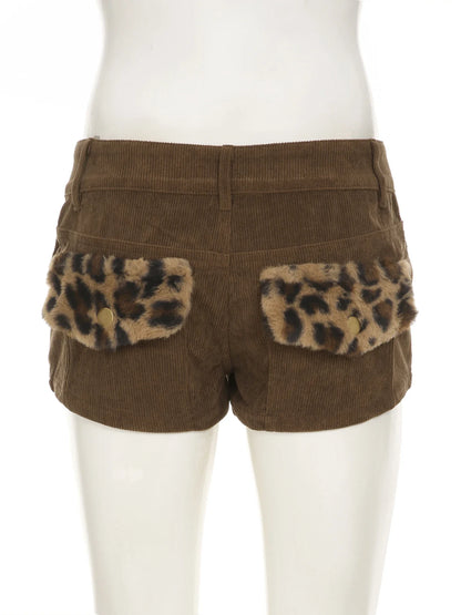 Casual Patchwork Fur Leopard Corduroy Shorts Basic Low-Waisted Shorts Women Autumn Winter Fashion Streetwear Lady