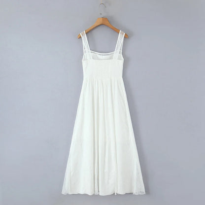 Lace Spliced Elegant White Dress Women Square Neck Sleeveless A-line Summer Long Dresses Holiday Party Robe