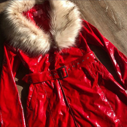 Y2K Fur Collar Red Coat Womens Autumn Winter Leather Jacket Harajuku Gothic Long Sleeved Long Jacket Fashion Autumn Winter Coat