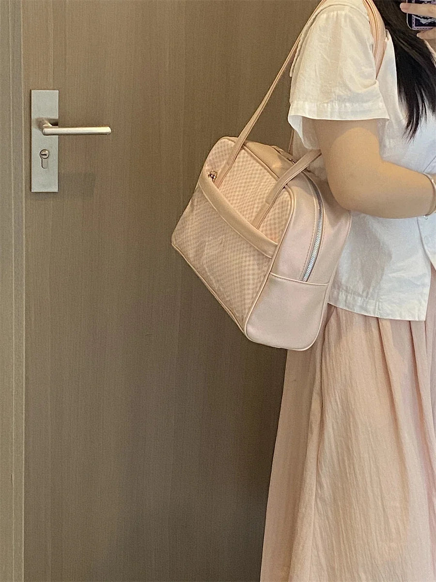 Sweet Girl Japanese Original Pink Plaid Small Capacity Transparent Pain Bag Baby Bag Two-dimensional Student Shoulder Bags