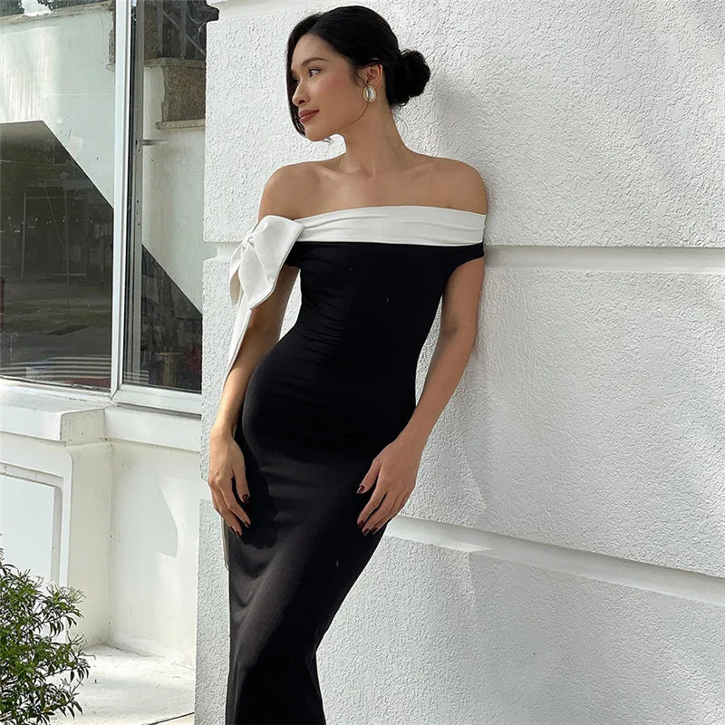 Off Shoulder Contrast Bow Shoulder Ribbon Bodycon Maxi Dress