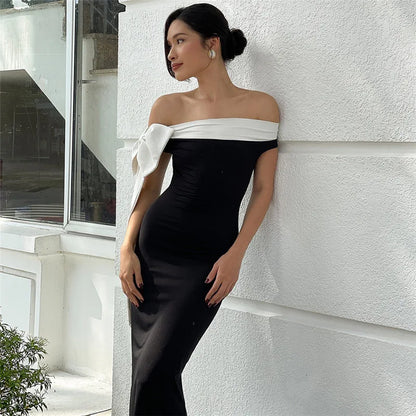 Off Shoulder Contrast Bow Shoulder Ribbon Bodycon Maxi Dress