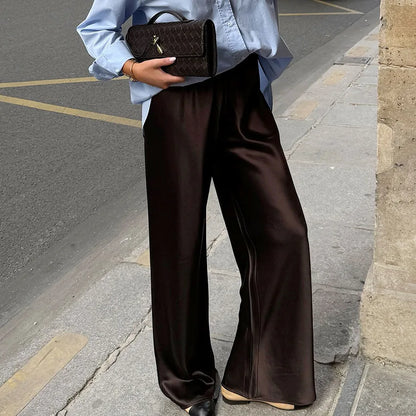 New straight leg pants with satin finish, high waisted and drooping casual pants