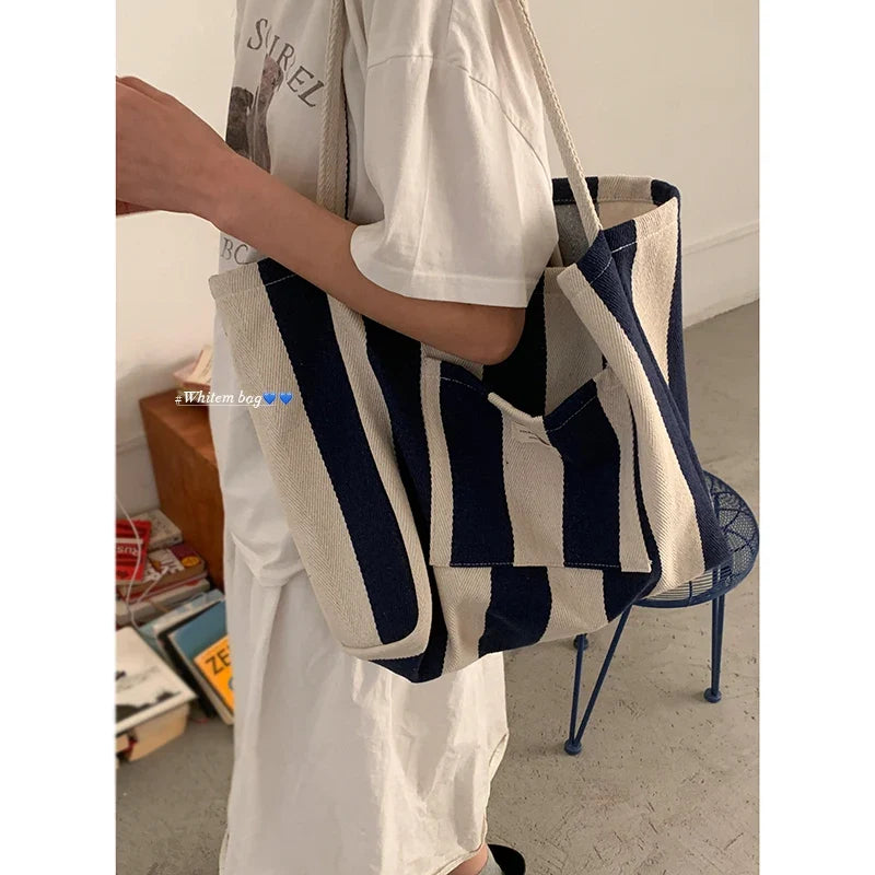 Checkered Canvas Bag for Women Korean Tote Casual Large Capacity Student Shopping Bags