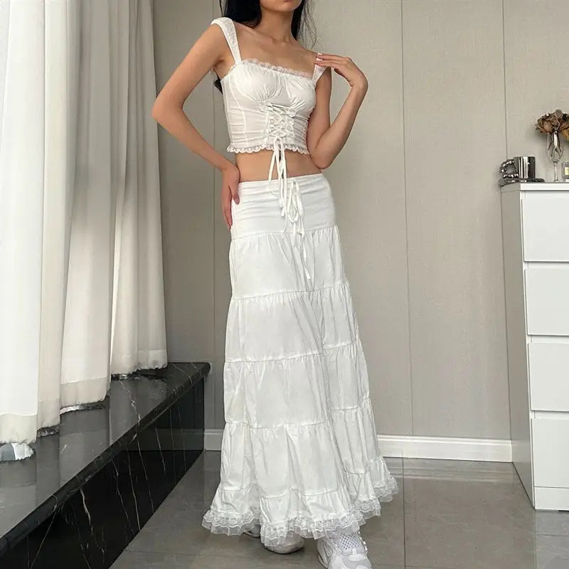 Sweet Hot Girl Sexy Suit for Women's Summer Low Cut Patchwork Straps Top High Waisted Pleated Skirt Two-piece Set Female Clothes