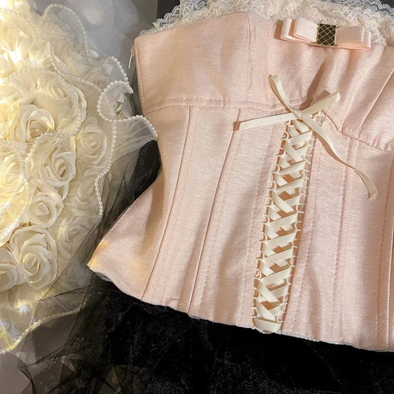 Spicy Girl Pink Tank Top for Women Summer Chest Pads Lace Treim Suspender Camisole Unique Lace-up Y2k Tops Camison Verano