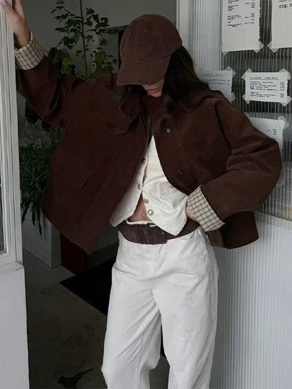 Autumn Chic Plaids Linen Solid Corduroy Coats Elegant Female Stand Collar Zipper Long Sleeves Jacket Fashion Lady Street Outwear