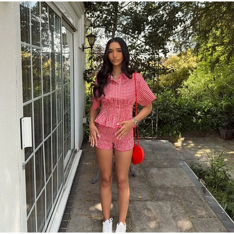 Casual Plaid Wome Shirts Shorts Suit Holidays Waist-Closed Short Sleeve Lapel Top Wide Leg Short Pants 2025 Summer Lady Set